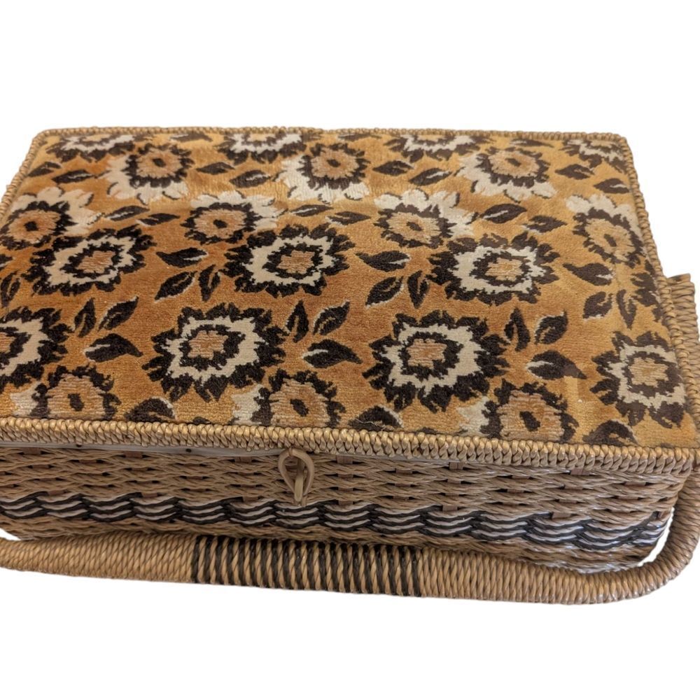 Vintage Floral Woven & Velvet Sewing Basket with Handle